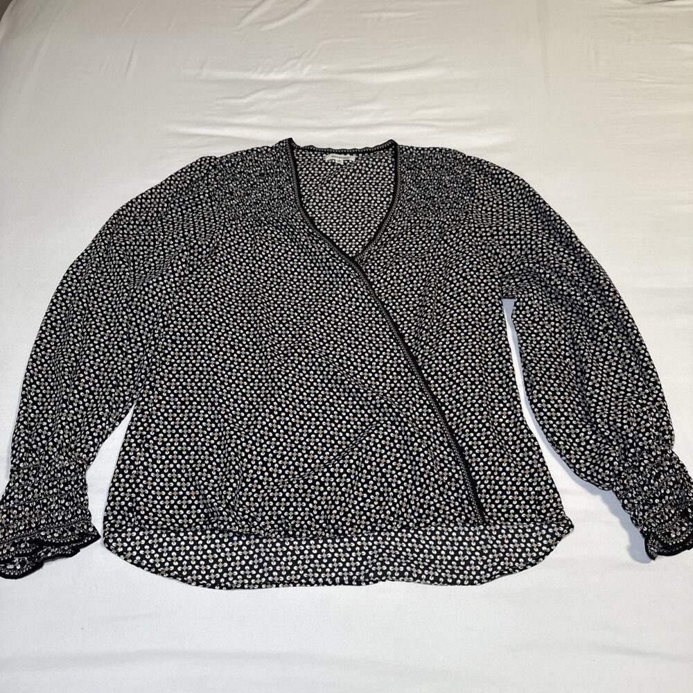 Max Studio Black Tan White Geo Print Elastic Cuff Pleated Blouse Tunic L Top EUC - Picture 2 of 16